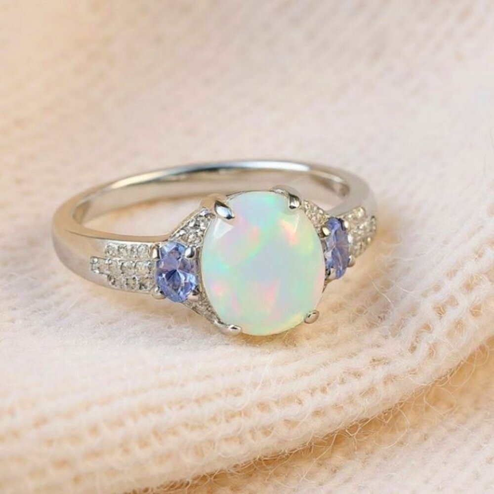 Artisan Ethiopian Opal Tanzanite Ring 2.00ctw Rhodium Over 925